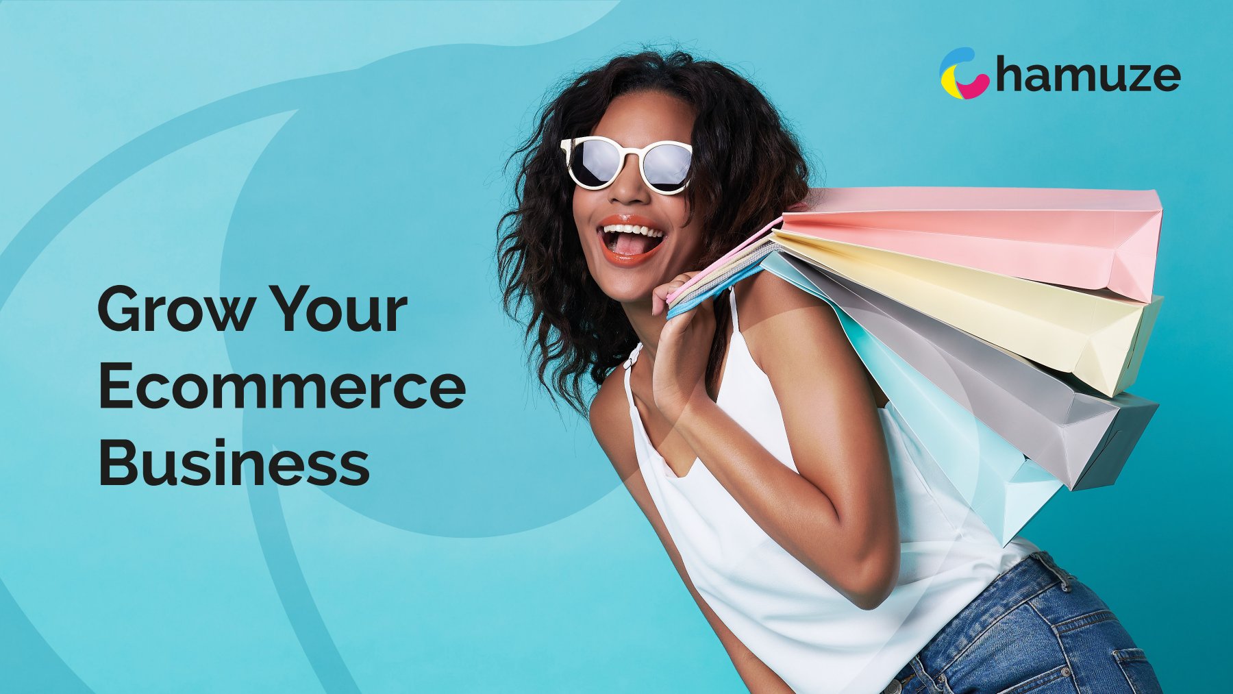 Chamuze.com e-brochure, front page A design made for the Chamuze.com e-brochure. Copy says: Grow Your E-commerce Business